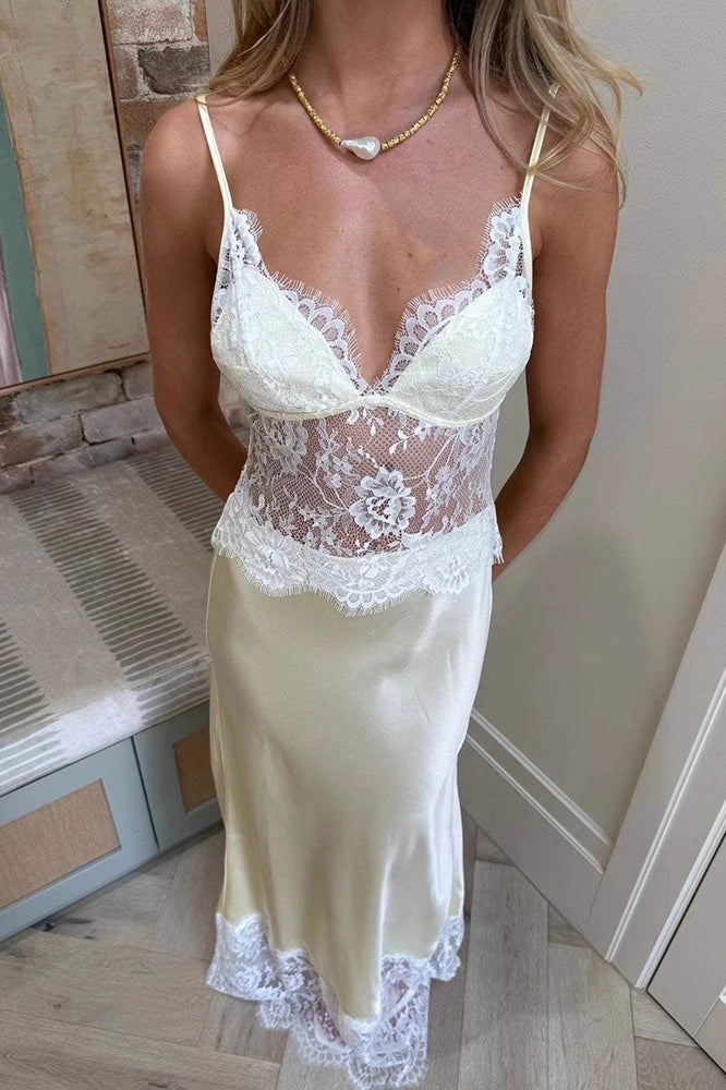Seraphina Deep V Sheer Lace Patchwork Maxi Dress