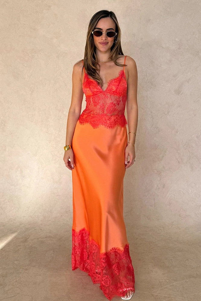 Seraphina Deep V Sheer Lace Patchwork Maxi Dress