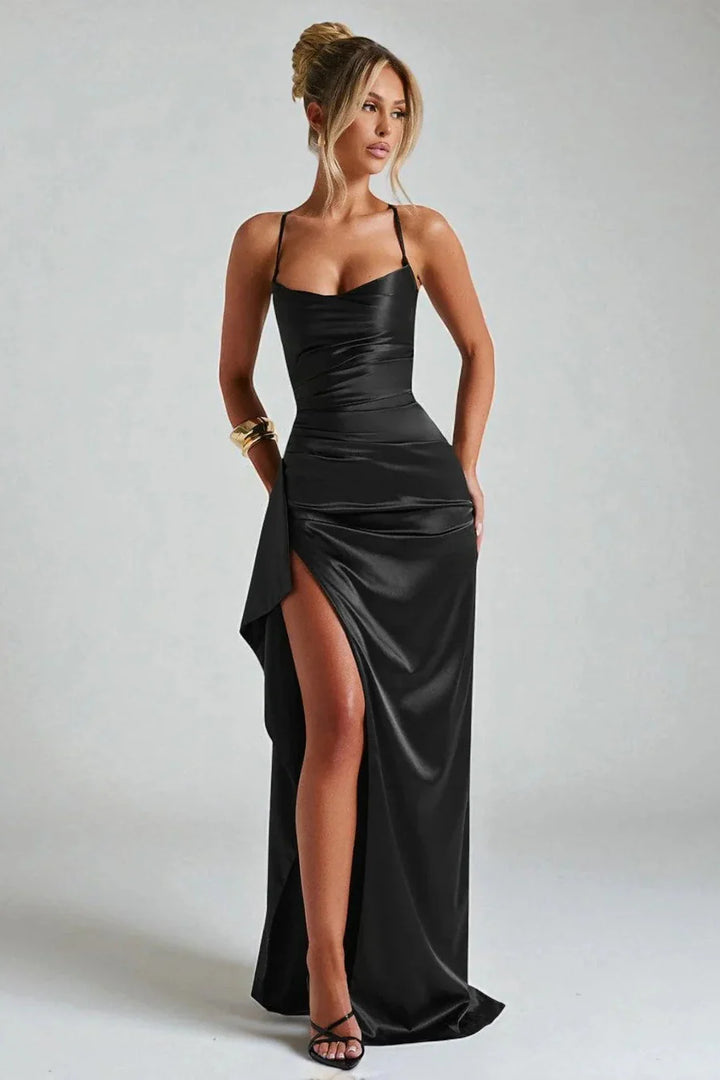 Beatrice Ruched Waist High Slit Maxi Gown