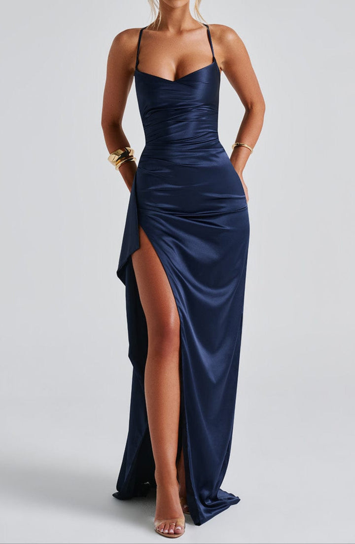 Beatrice Ruched Waist High Slit Maxi Gown