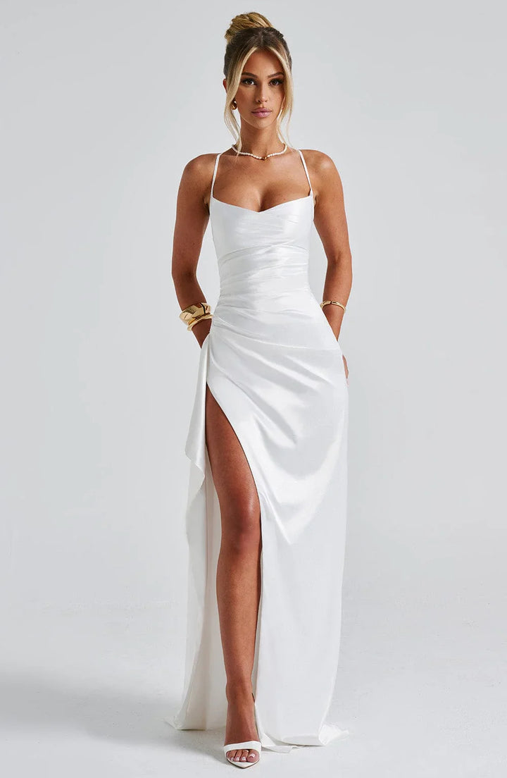 Beatrice Ruched Waist High Slit Maxi Gown