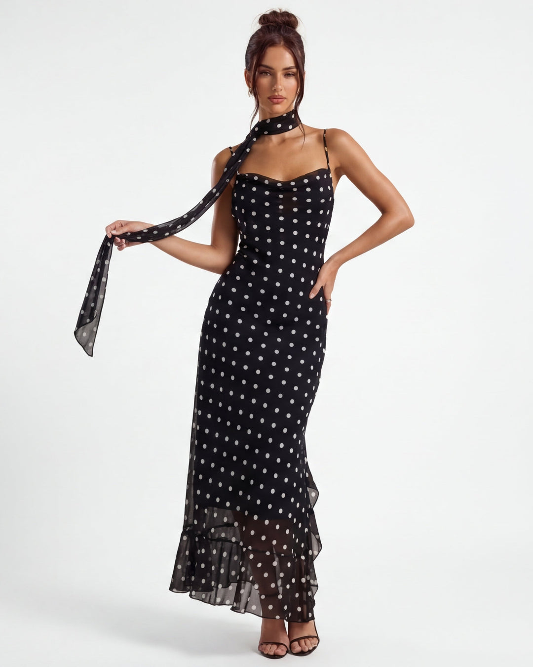 Noir Polka Dot Scarf Maxi Gown
