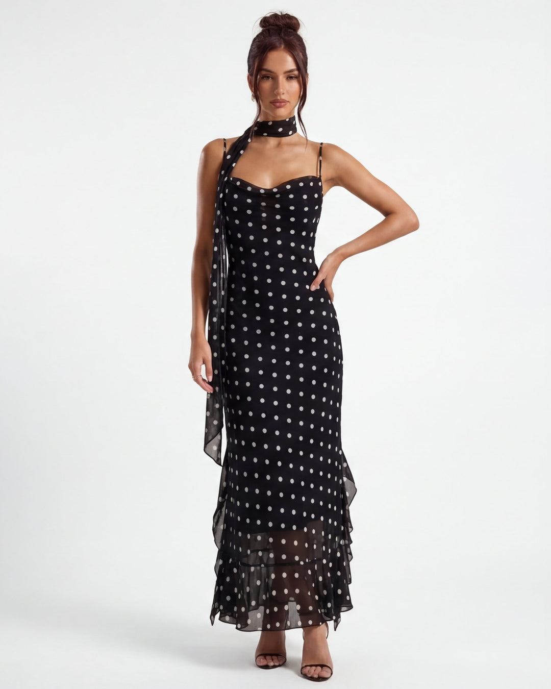 Noir Polka Dot Scarf Maxi Gown