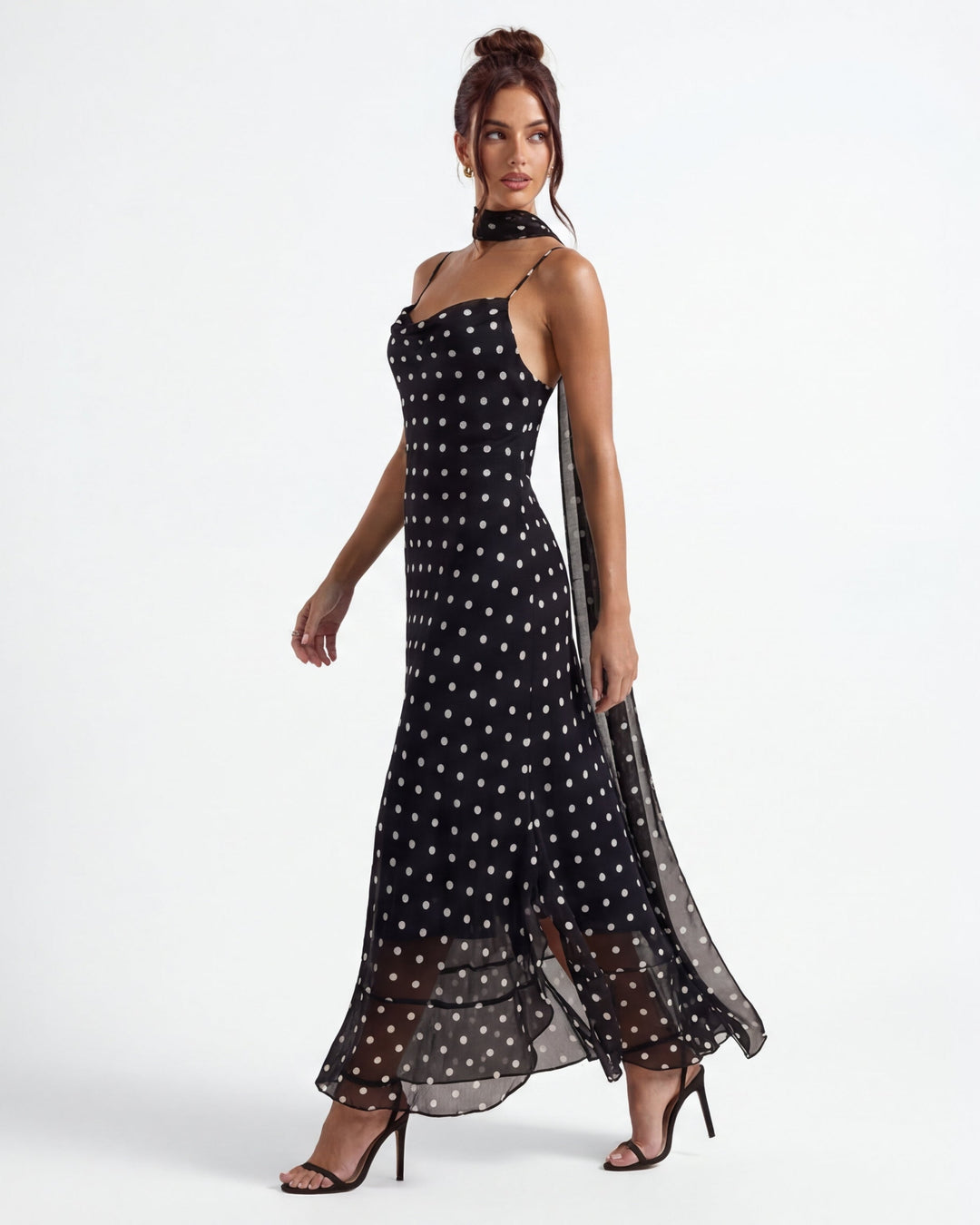 Noir Polka Dot Scarf Maxi Gown