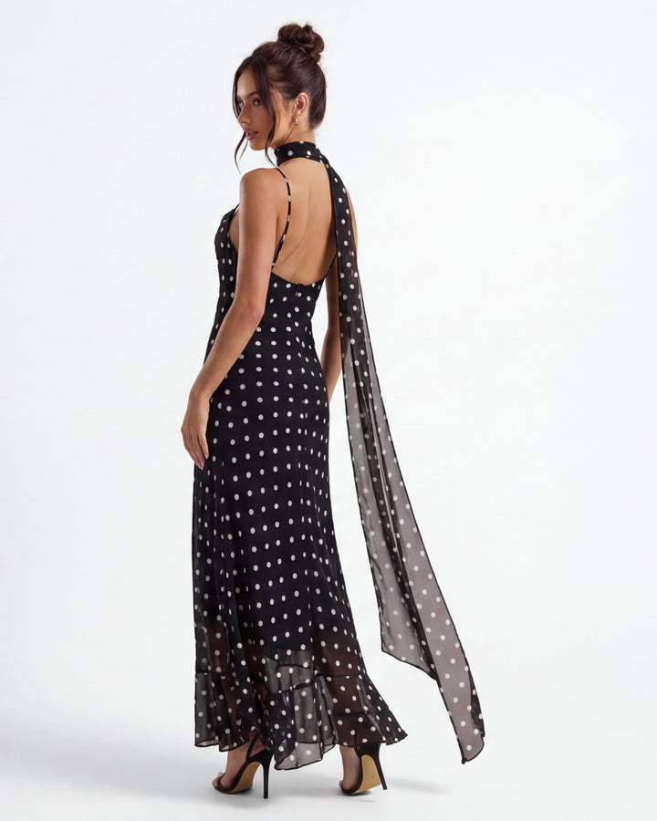 Noir Polka Dot Scarf Maxi Gown