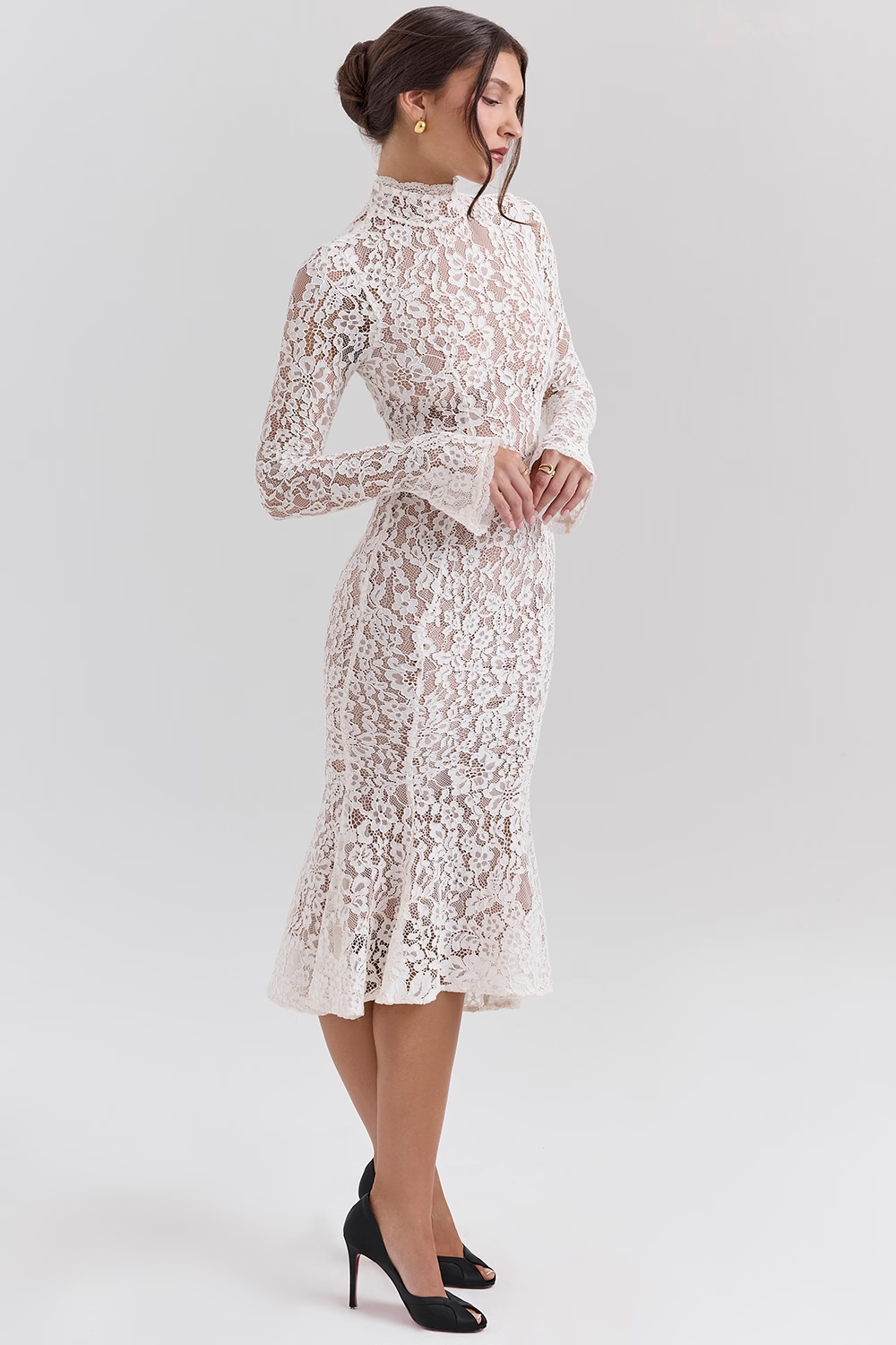 Vivienne Fitted Lace High Neck Midi Dress