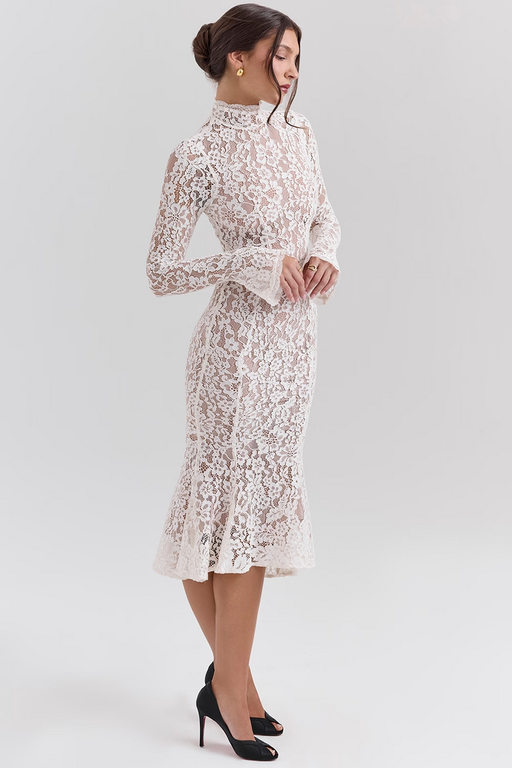 Vivienne Fitted Lace High Neck Midi Dress