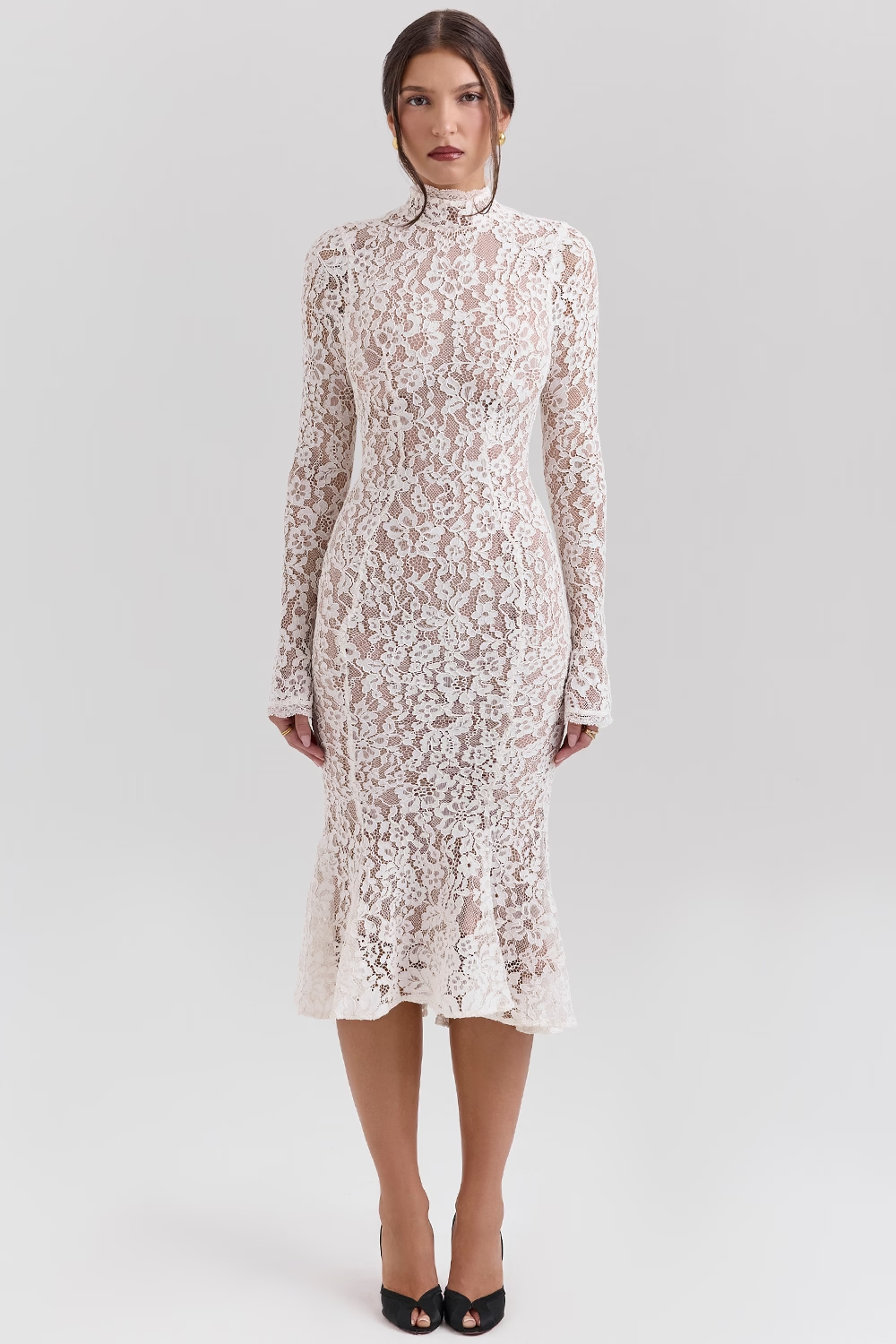 Vivienne Fitted Lace High Neck Midi Dress