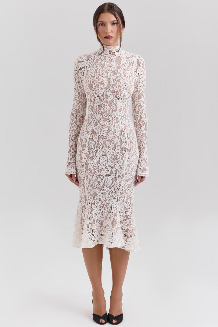 Vivienne Fitted Lace High Neck Midi Dress