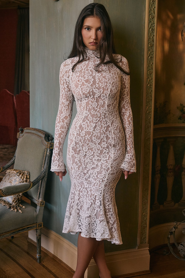 Vivienne Fitted Lace High Neck Midi Dress