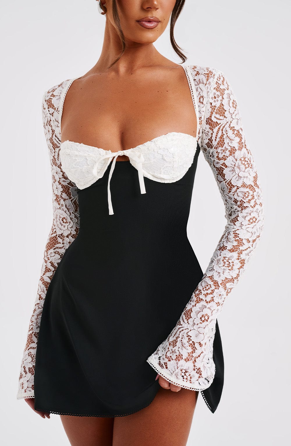 Margot Sheer Lace Sleeve A Line Mini Dress
