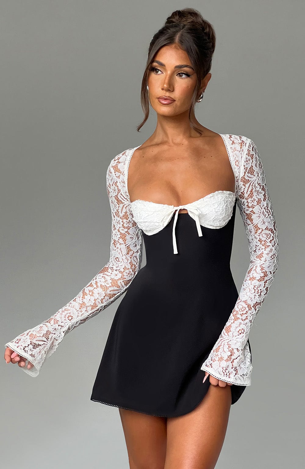 Margot Sheer Lace Sleeve A Line Mini Dress