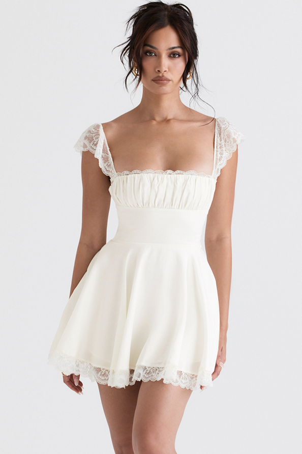 Elara Lace Cap Sleeve Structured Mini Dress