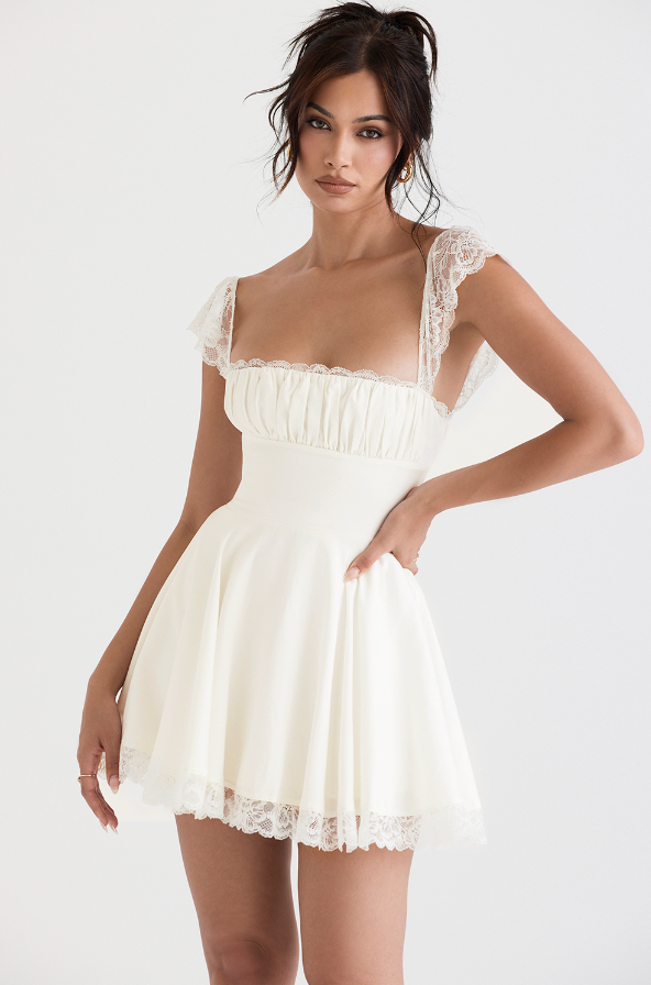 Elara Lace Cap Sleeve Structured Mini Dress
