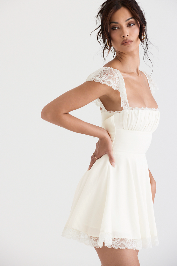 Elara Lace Cap Sleeve Structured Mini Dress