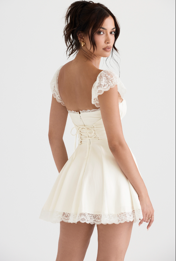 Elara Lace Cap Sleeve Structured Mini Dress