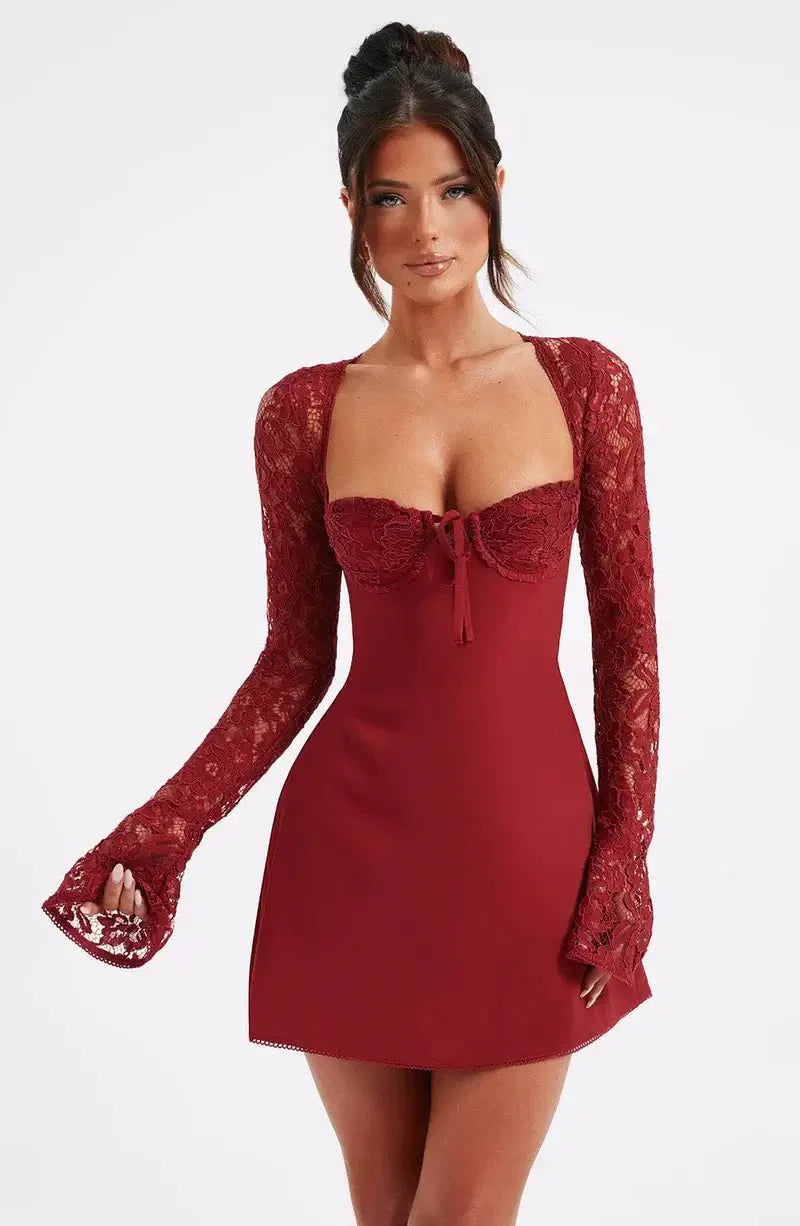 Ines Sheer Lace Sleeve A Line Mini Dress