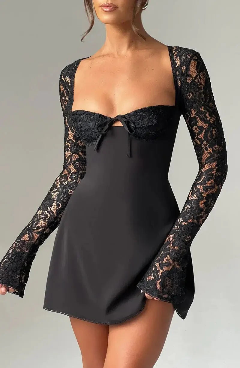 Ines Sheer Lace Sleeve A Line Mini Dress