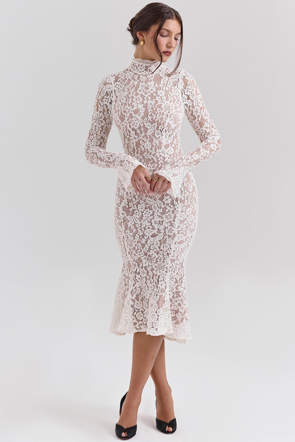 Vivienne Fitted Lace High Neck Midi Dress