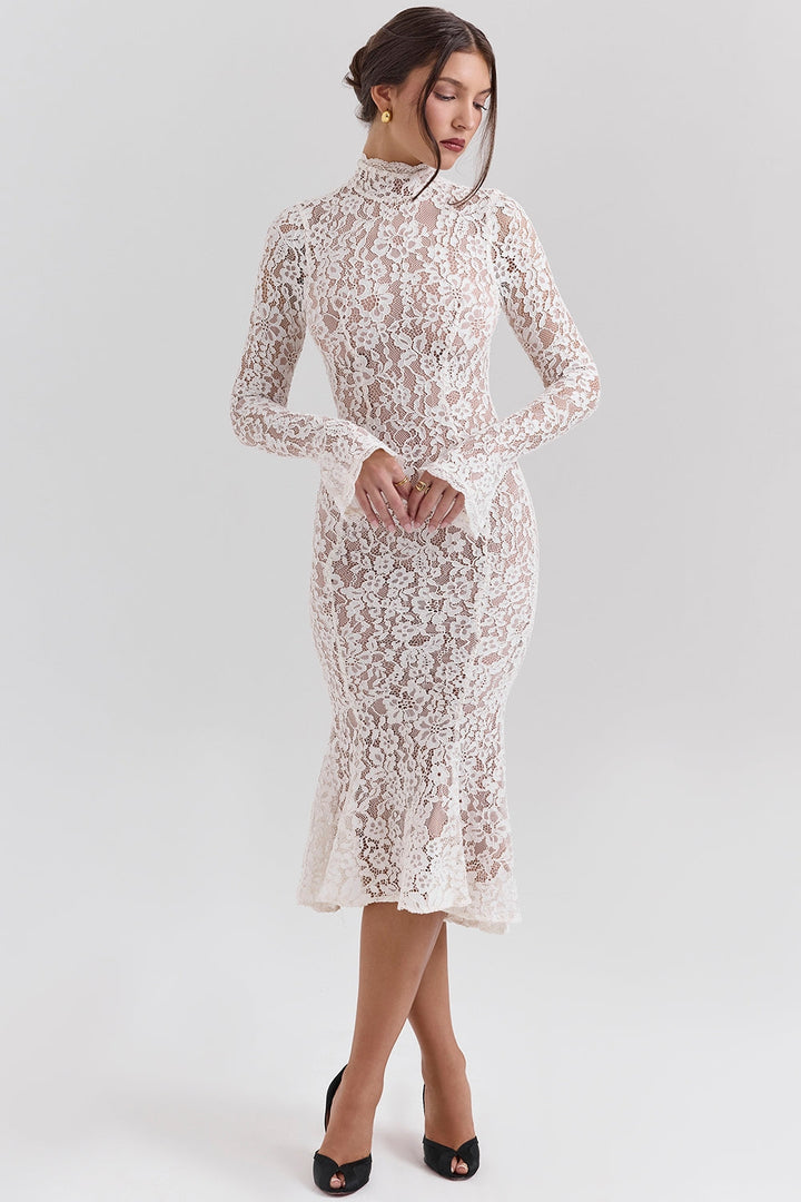 Vivienne Fitted Lace High Neck Midi Dress